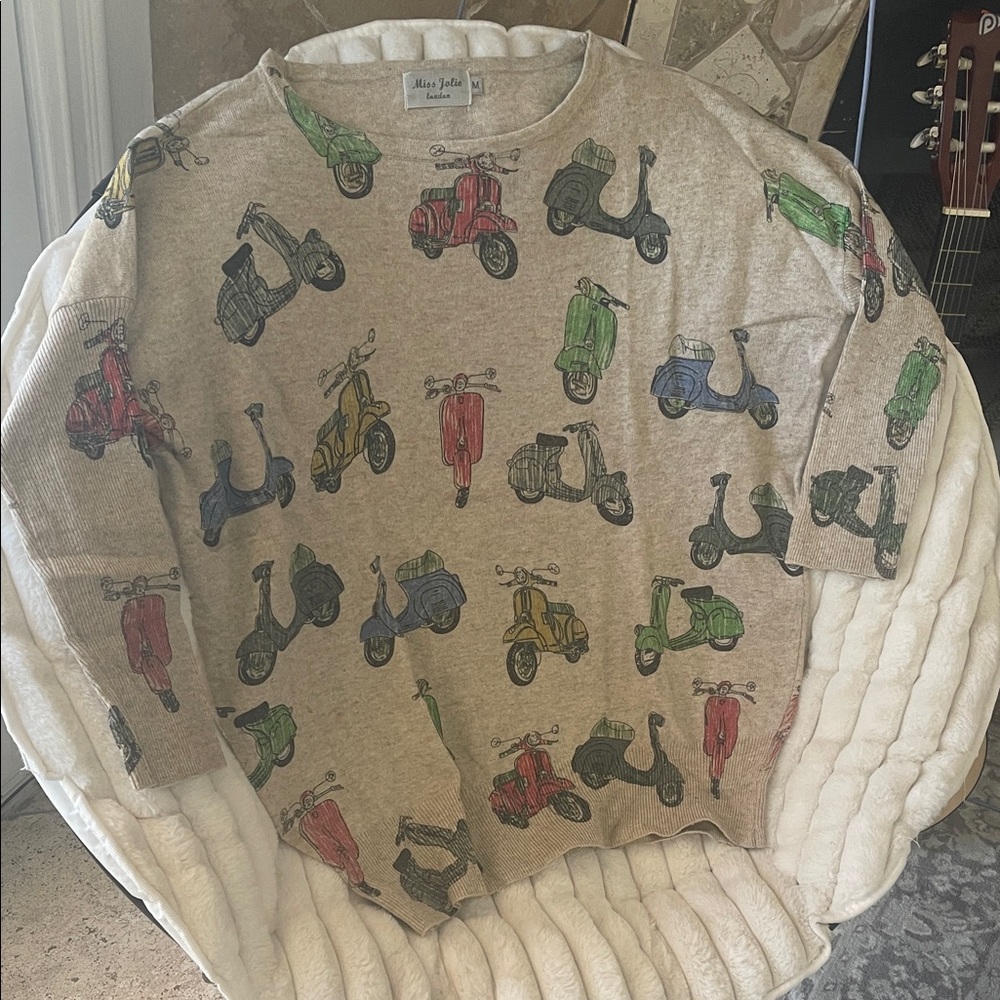 Maison Jules Beige Scooter Print Crewneck Sweater